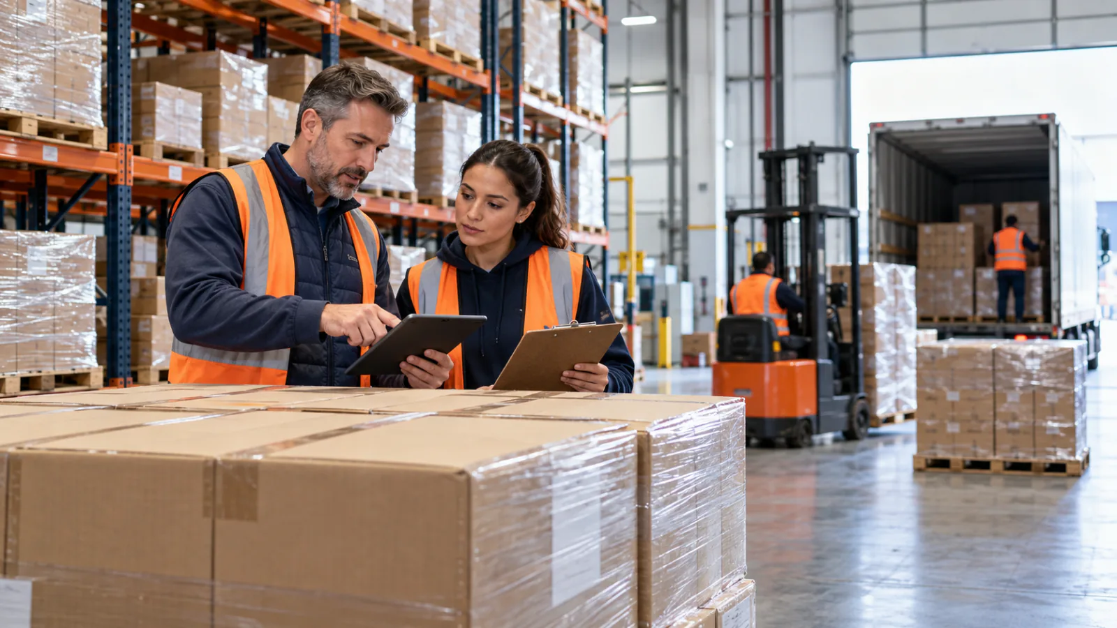Two warehouse professionals reviewing a tablet beside palletized cartons