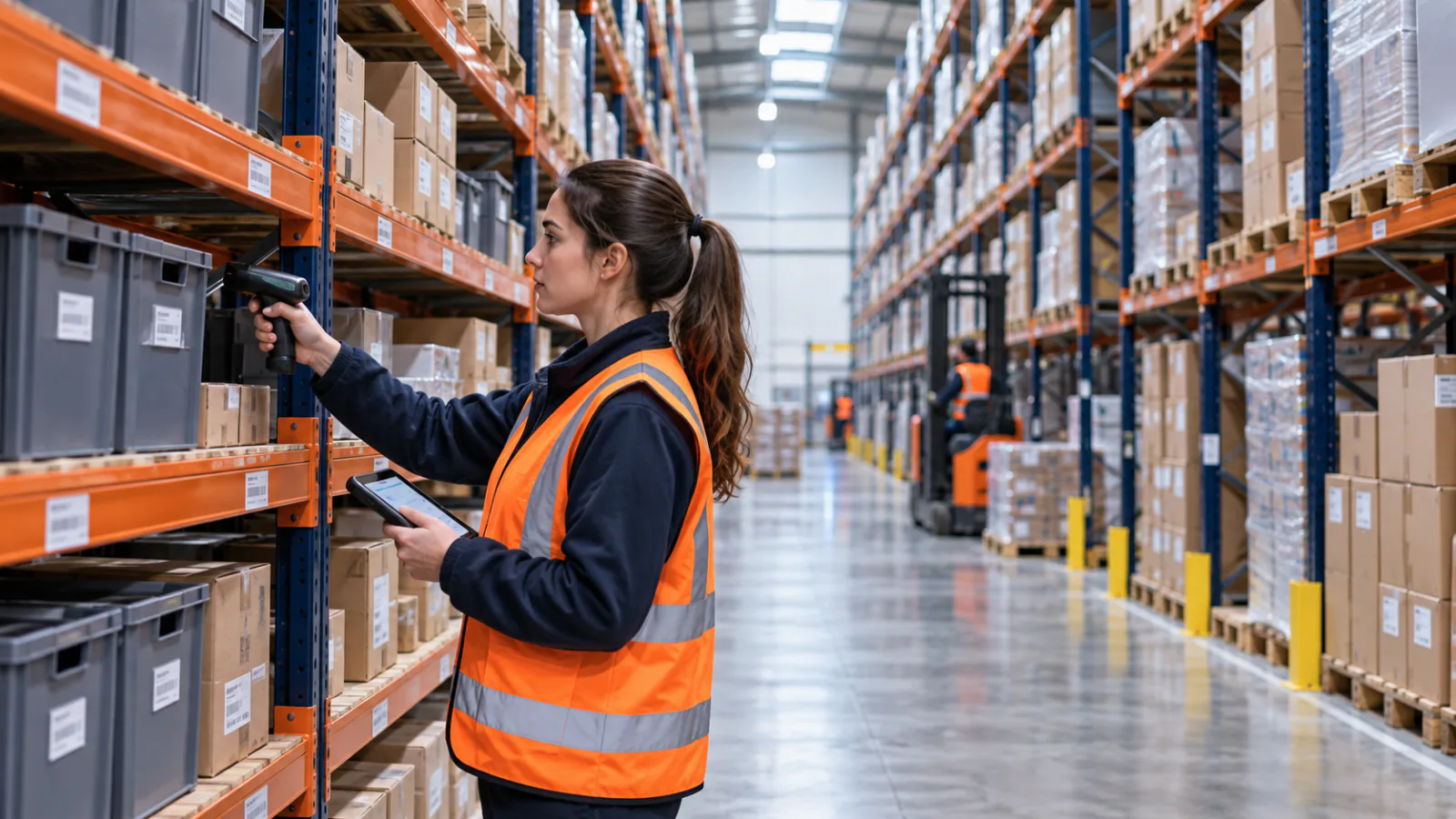 A warehouse associate scanning shelf inventory while holding a tablet