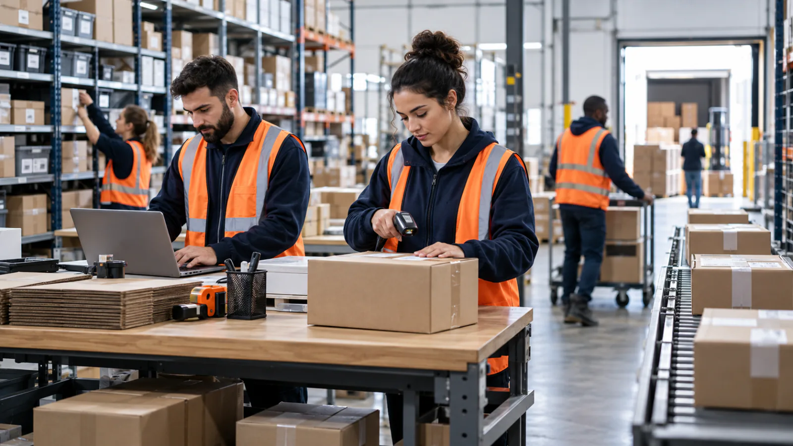 Warehouse associates scanning parcels and processing orders at a packing station