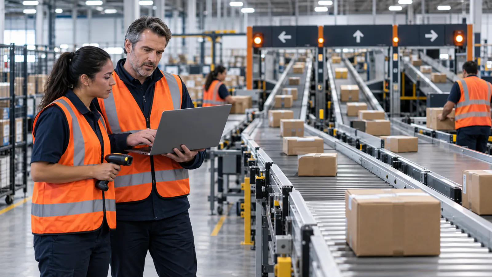 Two shipping professionals reviewing a laptop beside parcel sorting conveyors
