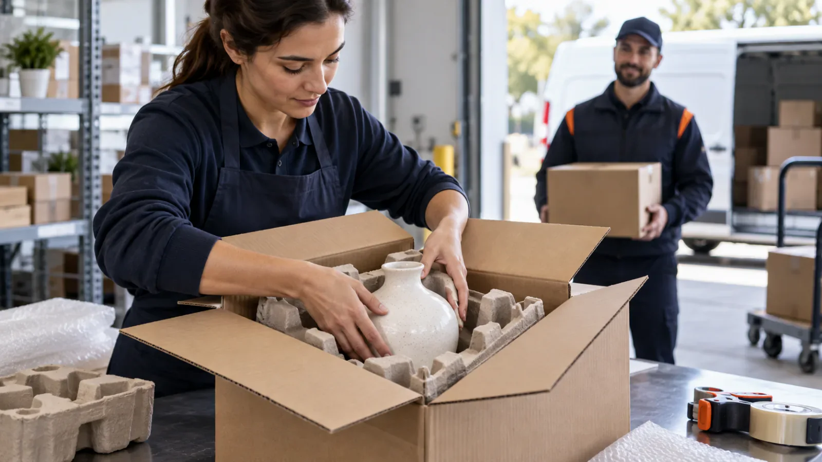 An associate protecting a ceramic vase with fitted packaging before a courier pickup