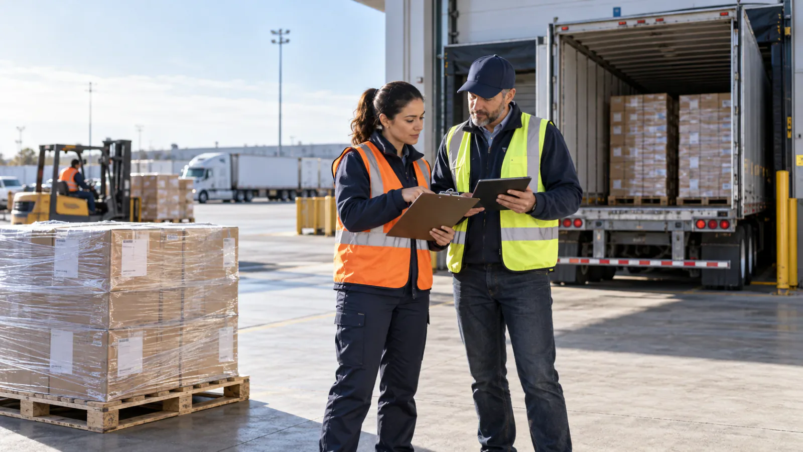 A warehouse coordinator and driver reviewing documents beside a loaded trailer