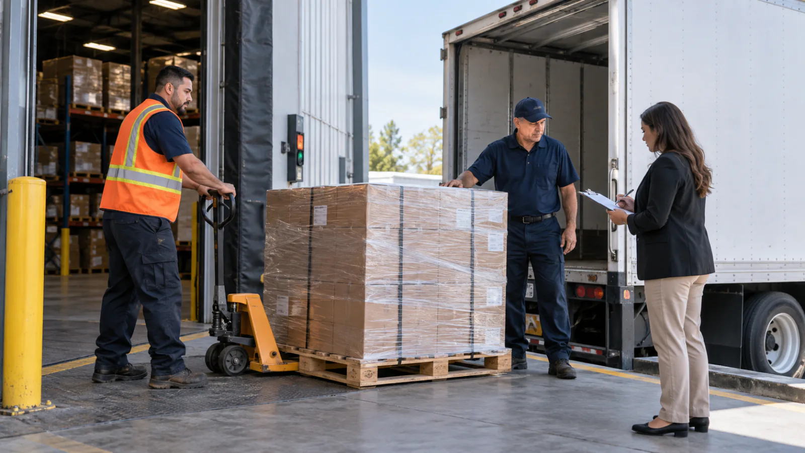 A warehouse associate, driver and recipient checking a pallet delivery
