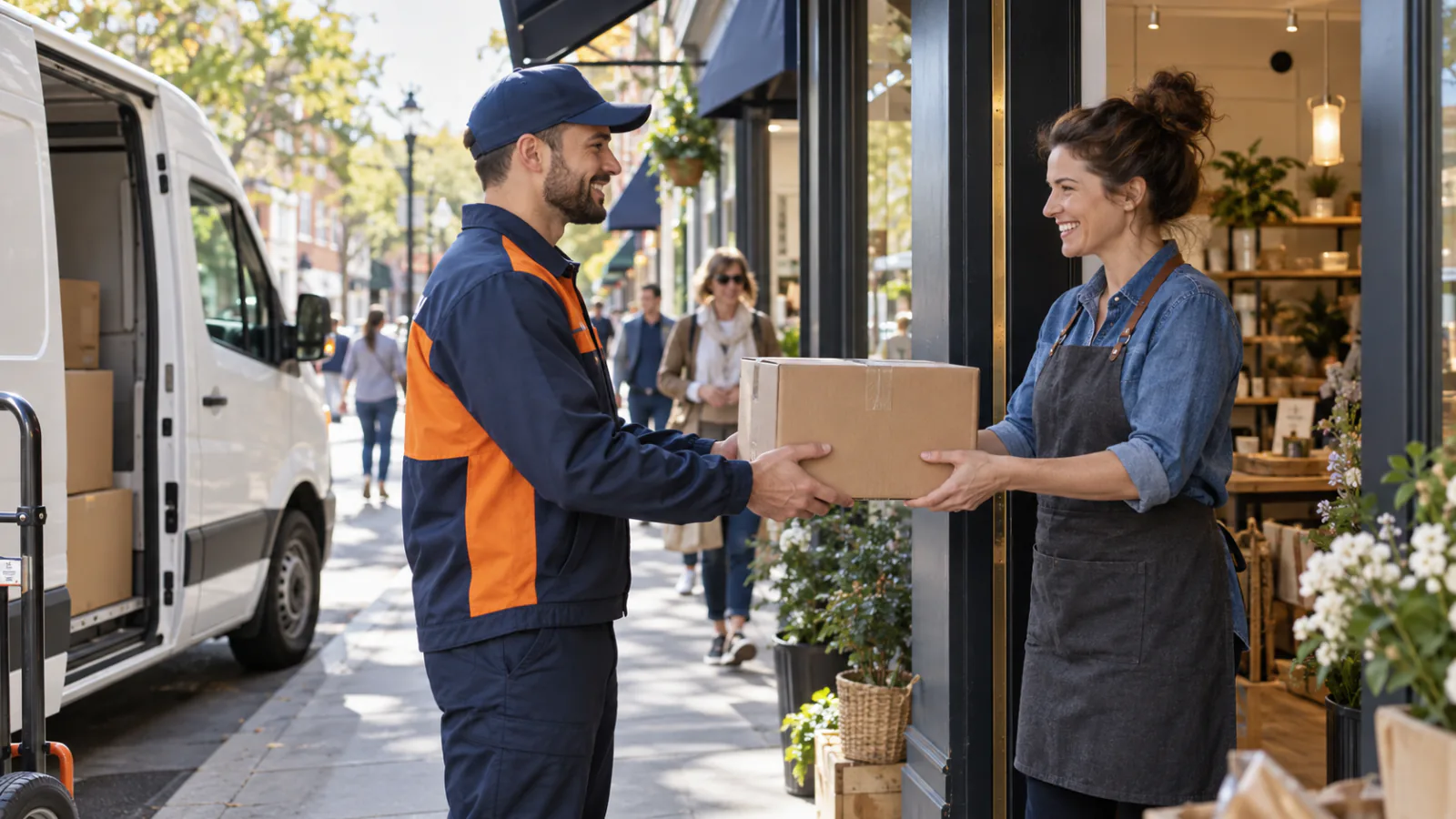 A courier handing a parcel to a shopkeeper outside a storefront