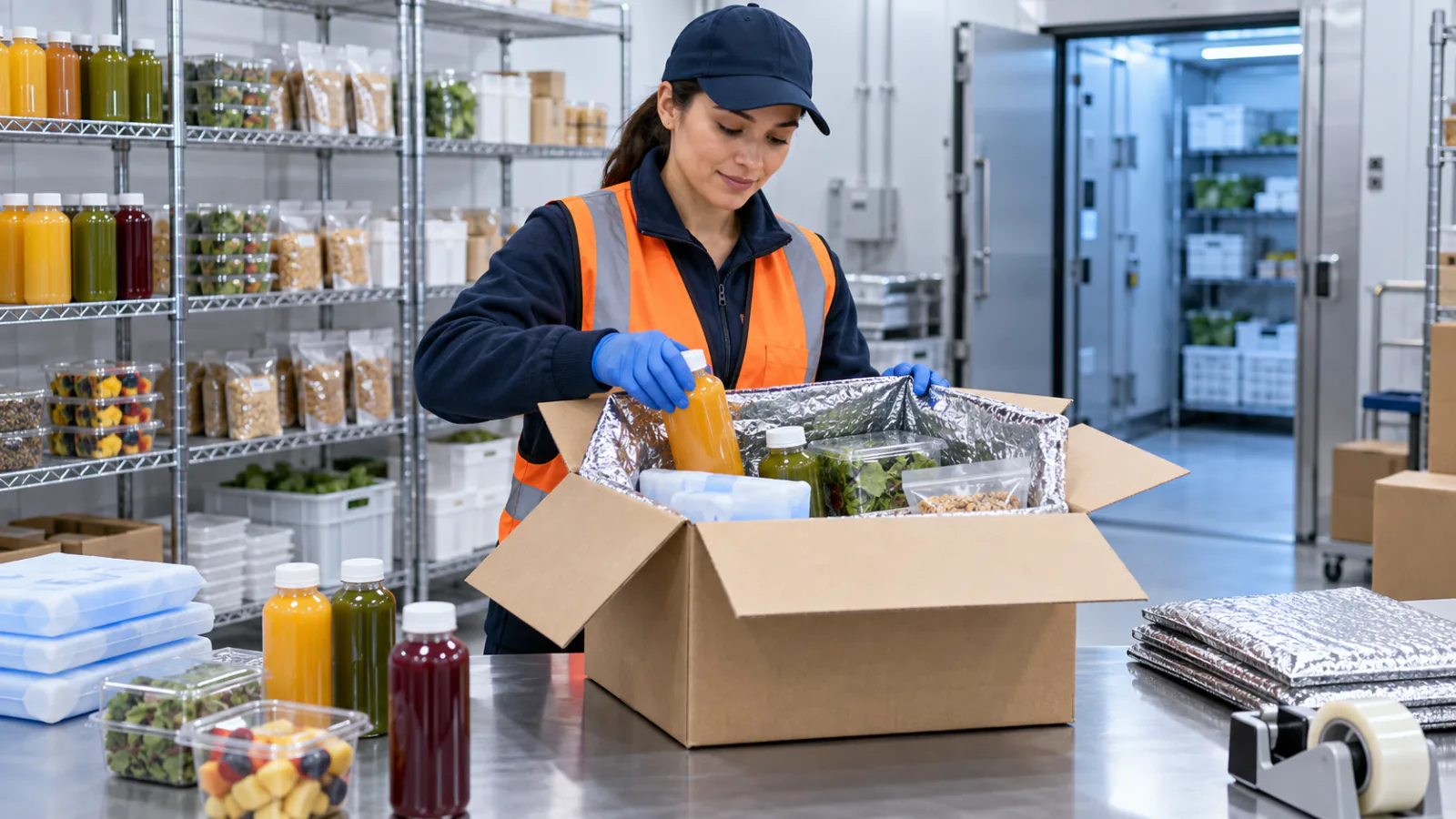An associate packing bottled drinks and fresh food into an insulated carton
