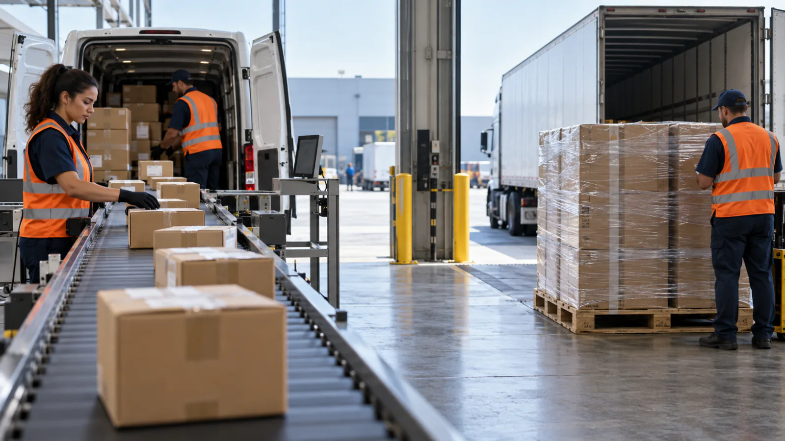 Parcels moving toward a delivery van beside pallet freight staged for a truck