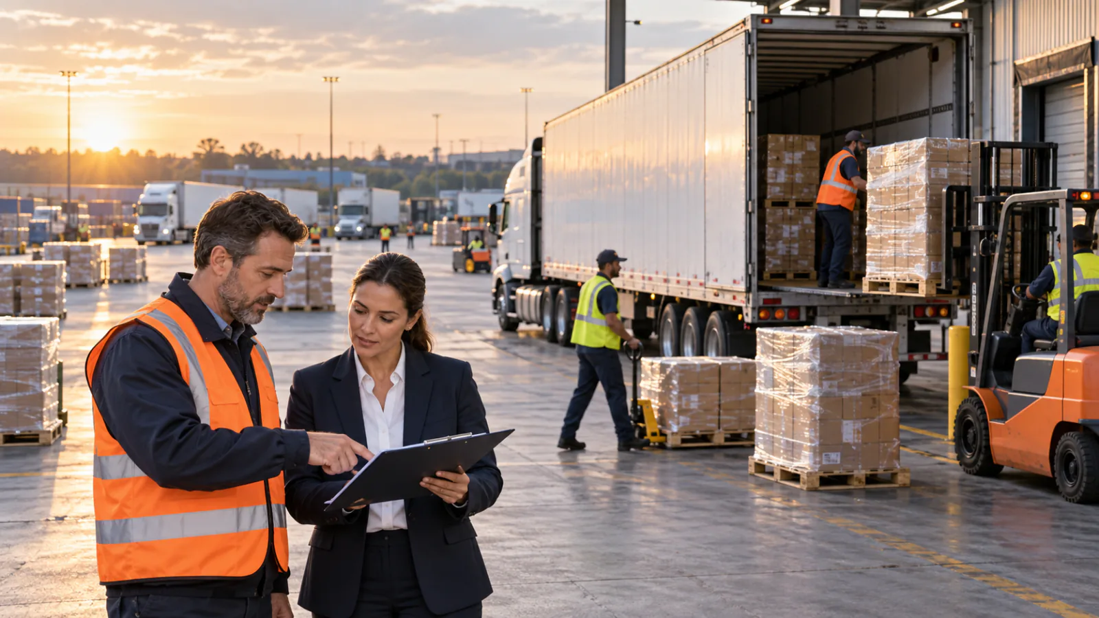 Two logistics professionals reviewing paperwork beside freight trucks and pallets