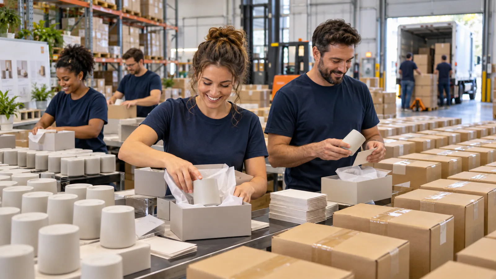 A fulfillment team packing ceramic products into rows of customer orders
