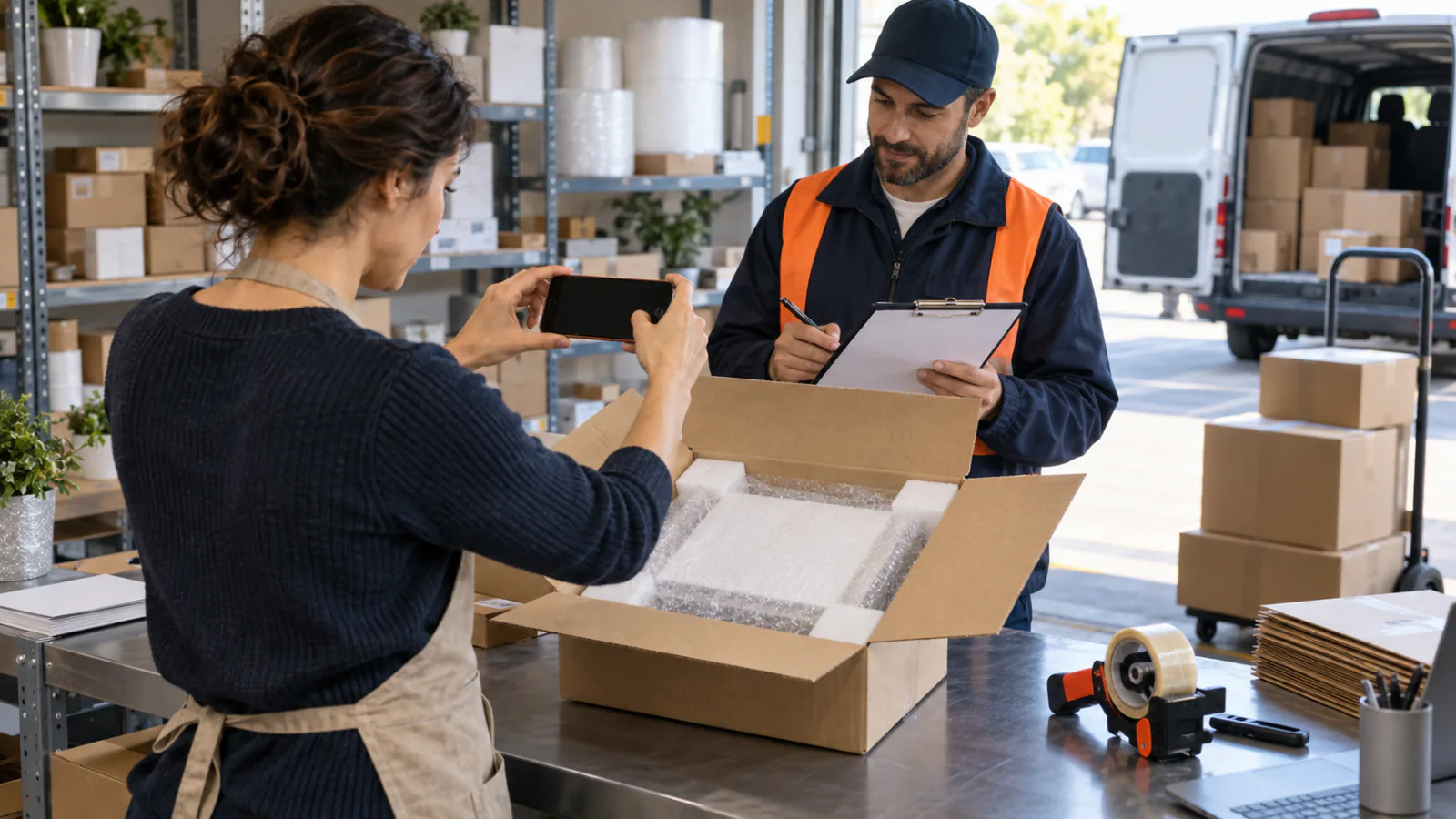 A business owner photographing a protected parcel while a courier checks paperwork