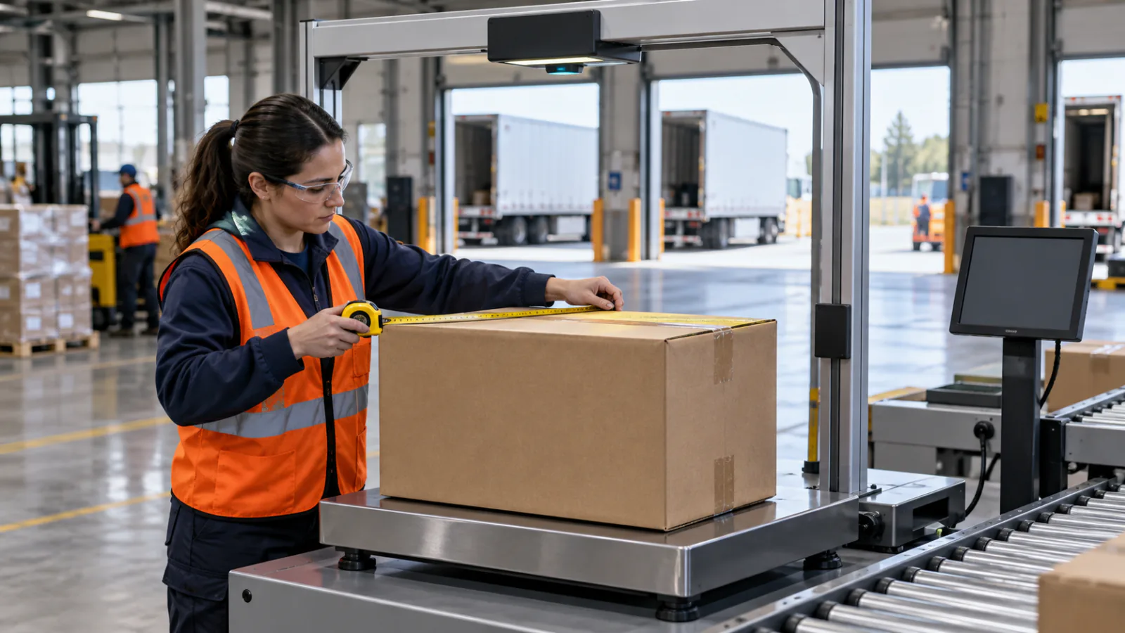A warehouse associate measuring a carton on a parcel scale