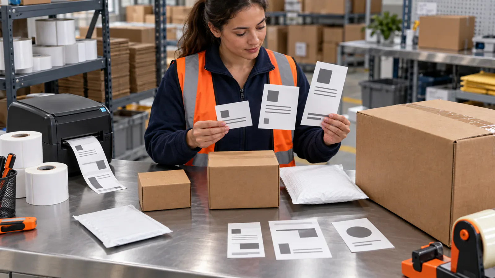 A warehouse associate comparing shipping label sizes beside a label printer