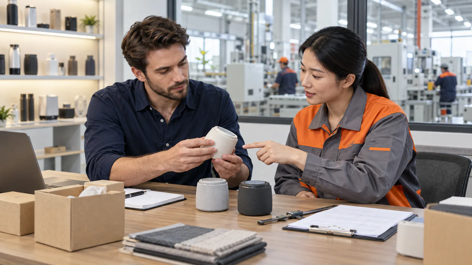 A buyer and supplier examining product samples at a warehouse meeting table