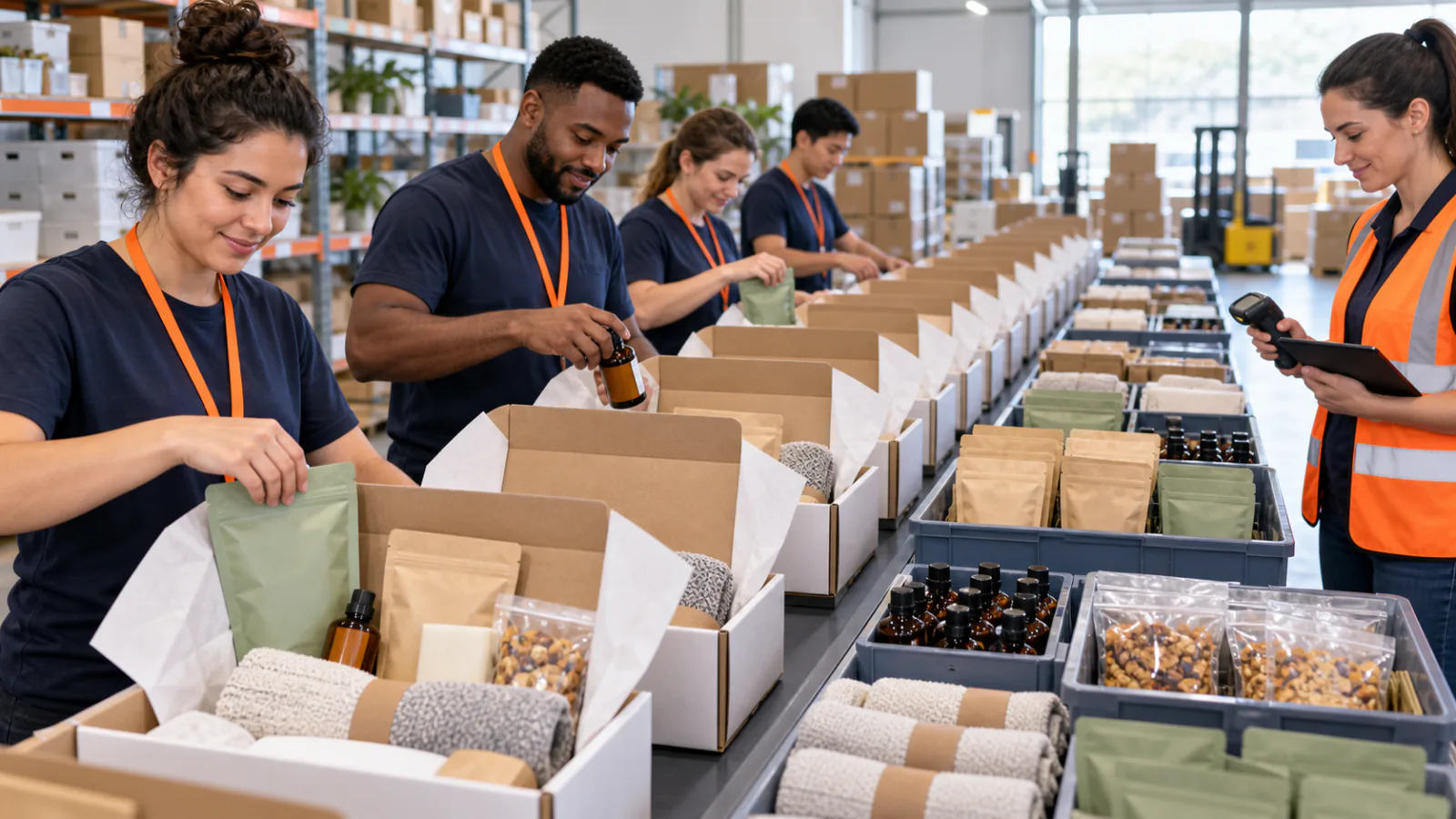 A fulfillment team assembling matching subscription boxes along a packing line