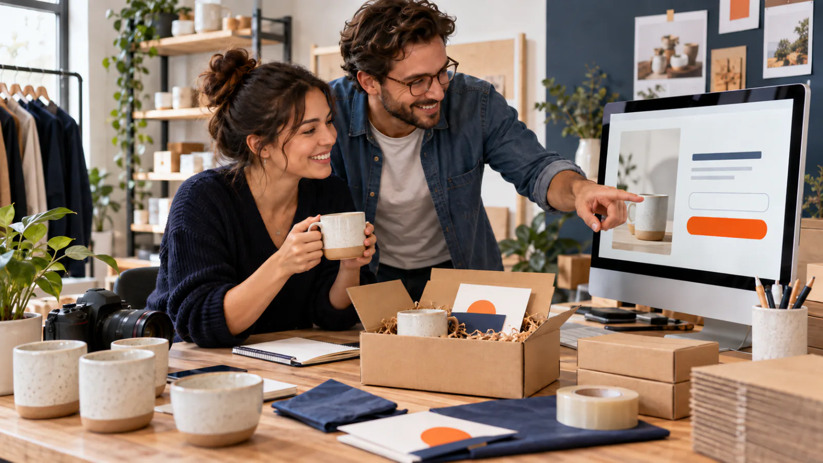 Two business owners reviewing a website signup form beside packed products