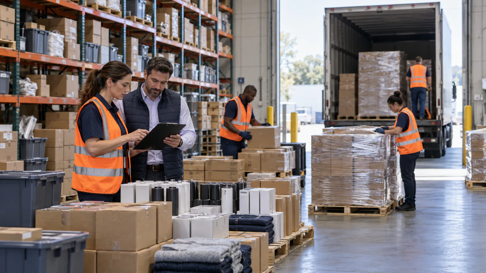 Two warehouse professionals reviewing inventory beside products staged on pallets