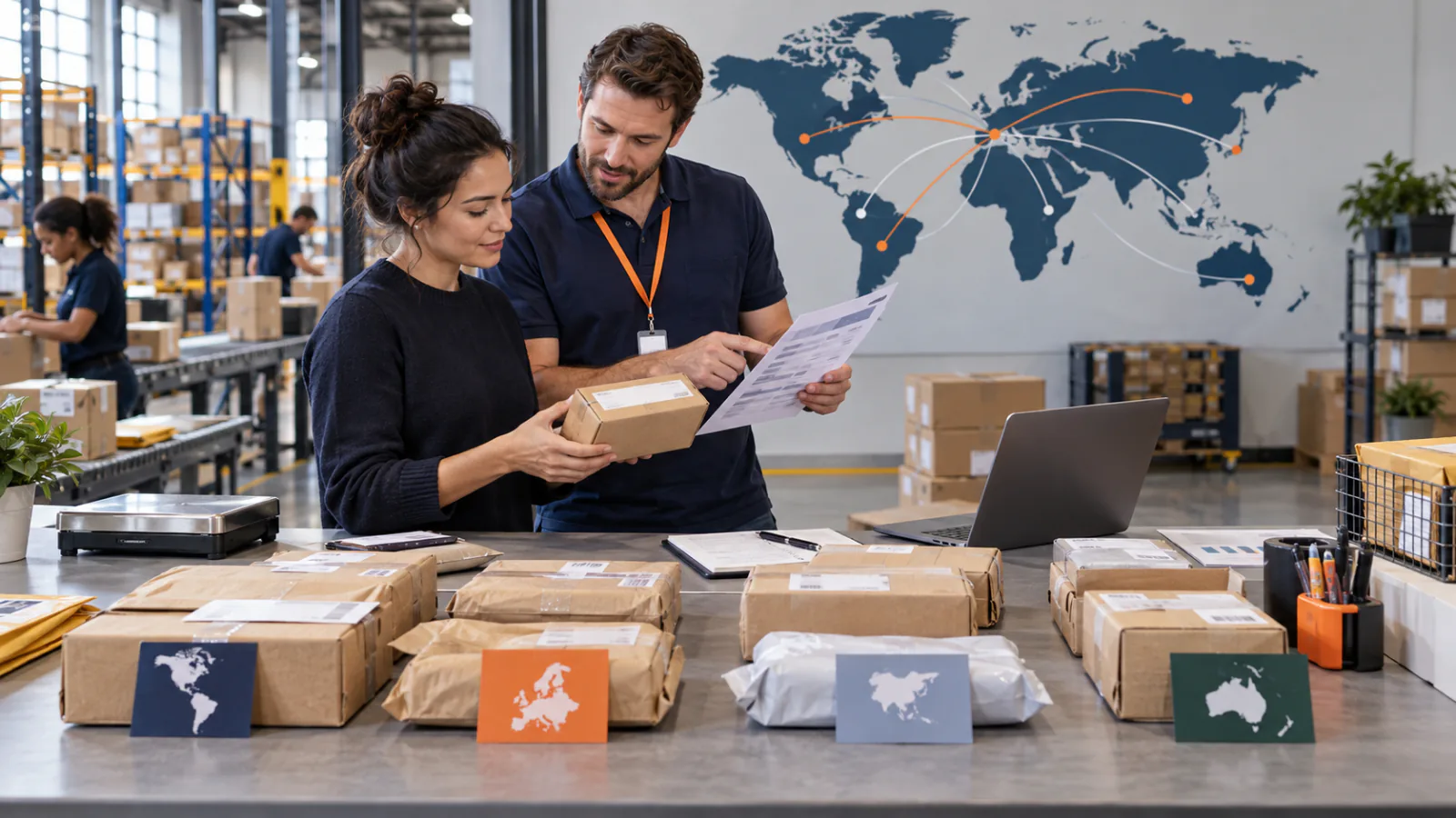 Two shipping coordinators checking parcels and paperwork beneath a world route map