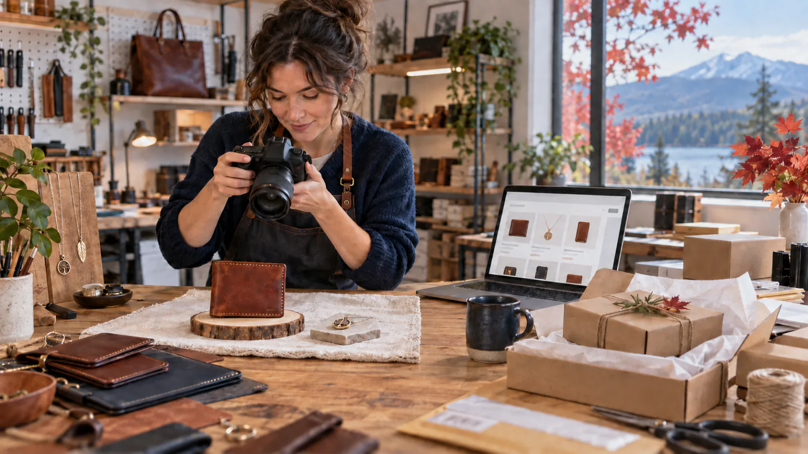 A shop owner photographing a handmade wallet beside an online product catalog