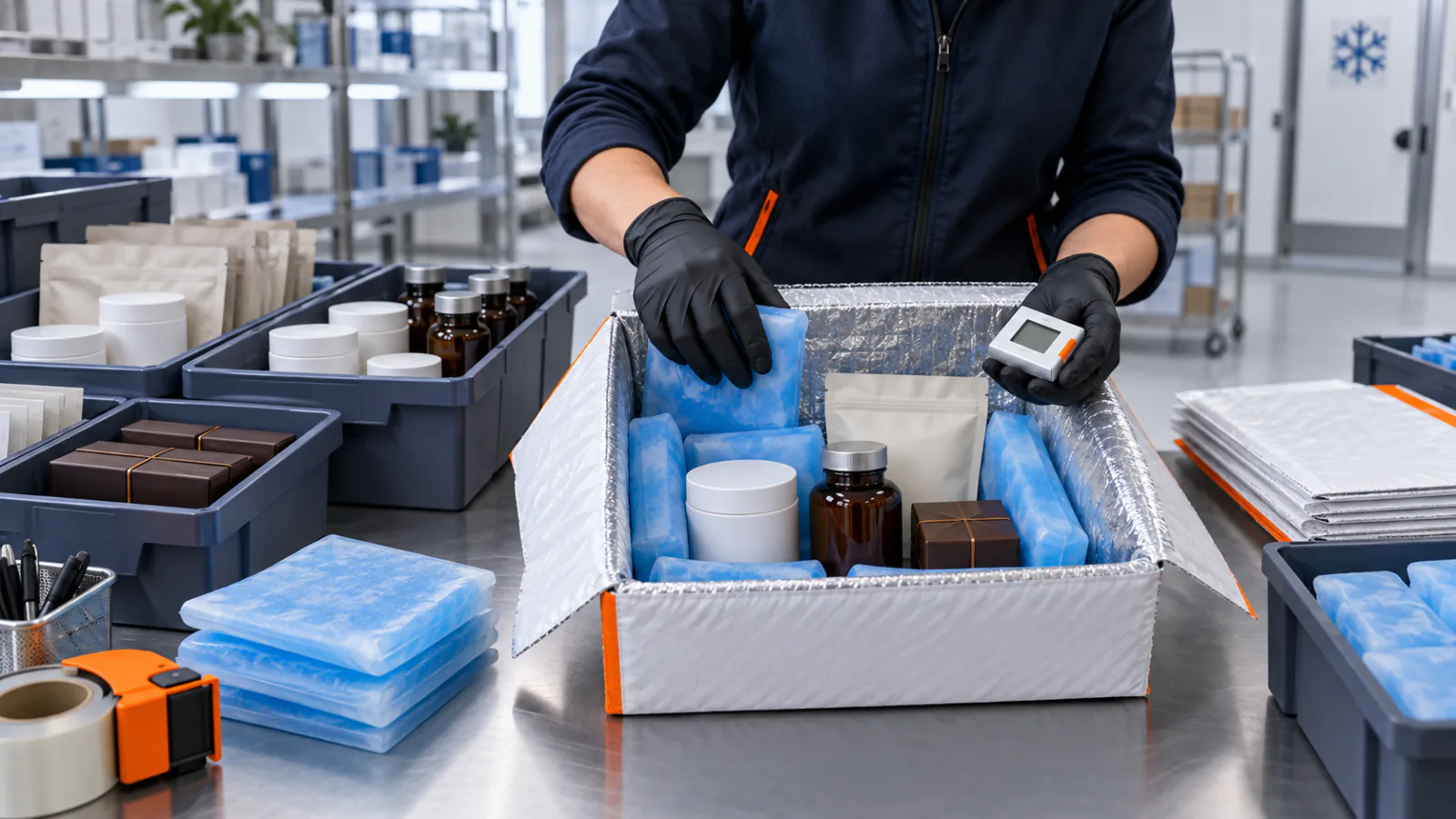 A gloved worker checking the temperature of products packed with cooling packs