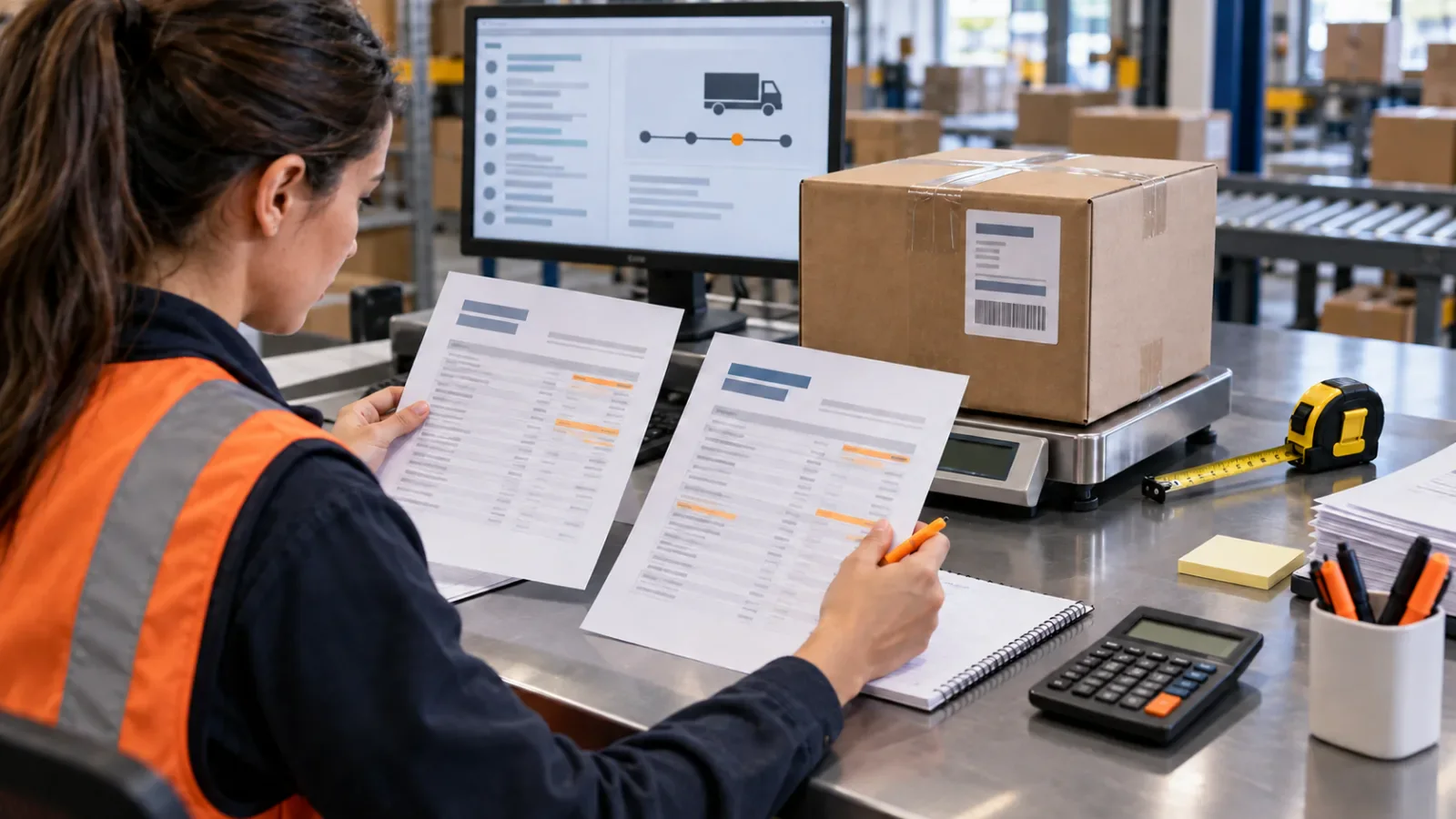 A shipping coordinator comparing invoices beside a weighed parcel and calculator