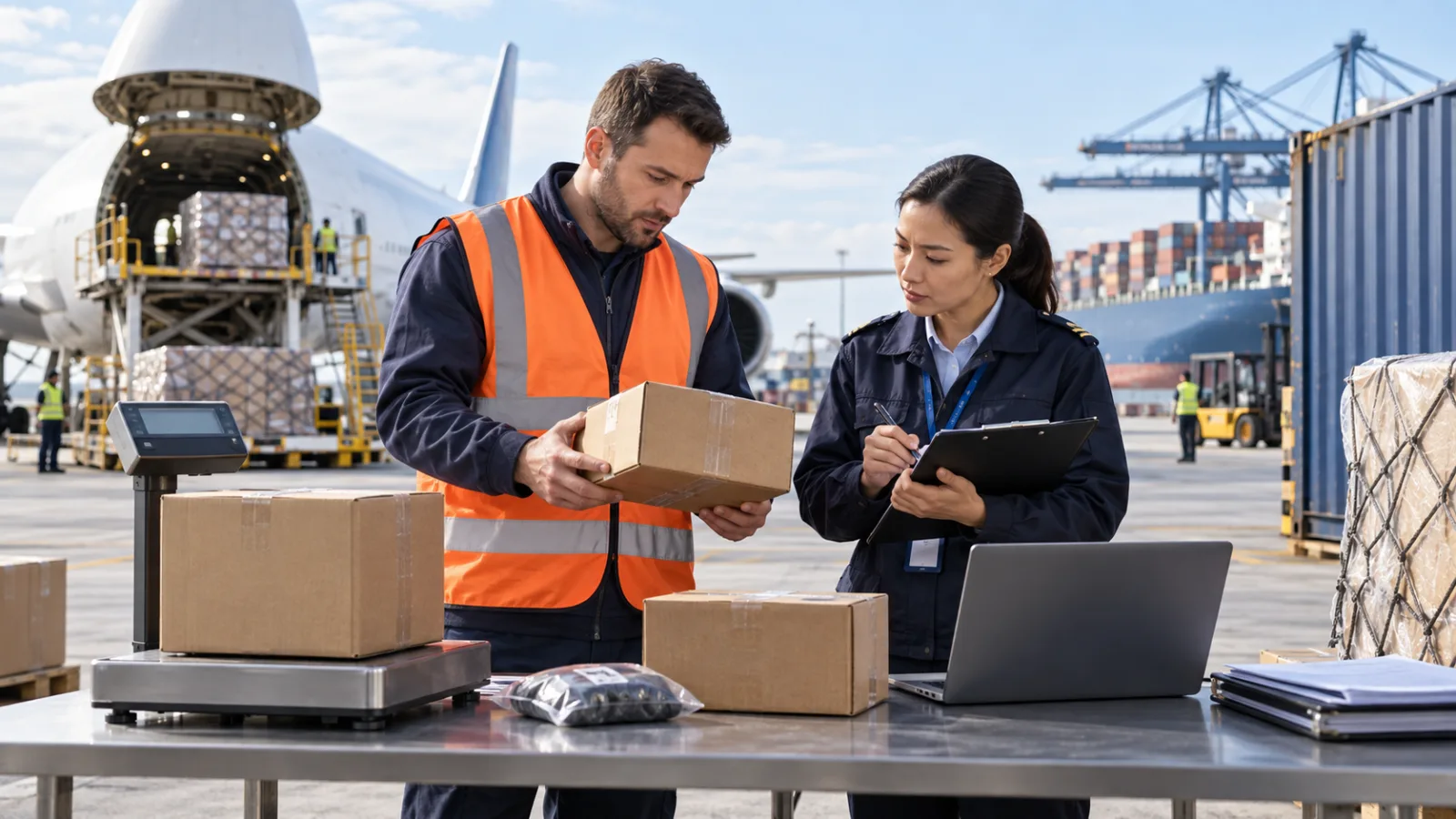 Two shipping professionals inspecting a parcel beside air and sea freight facilities