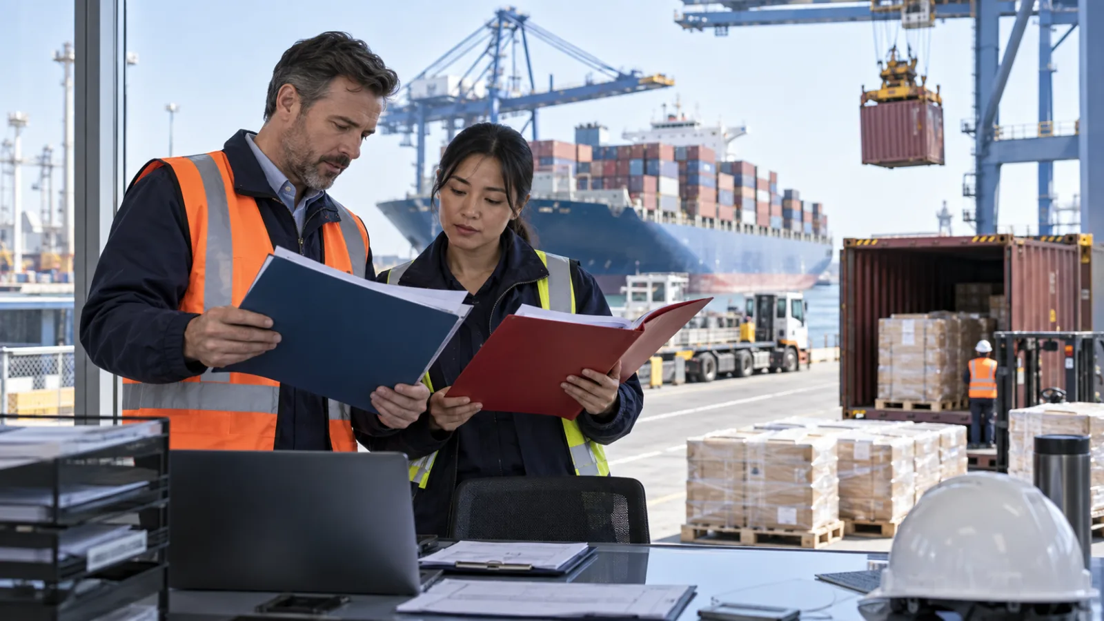 Two freight professionals comparing shipping documents at a container port