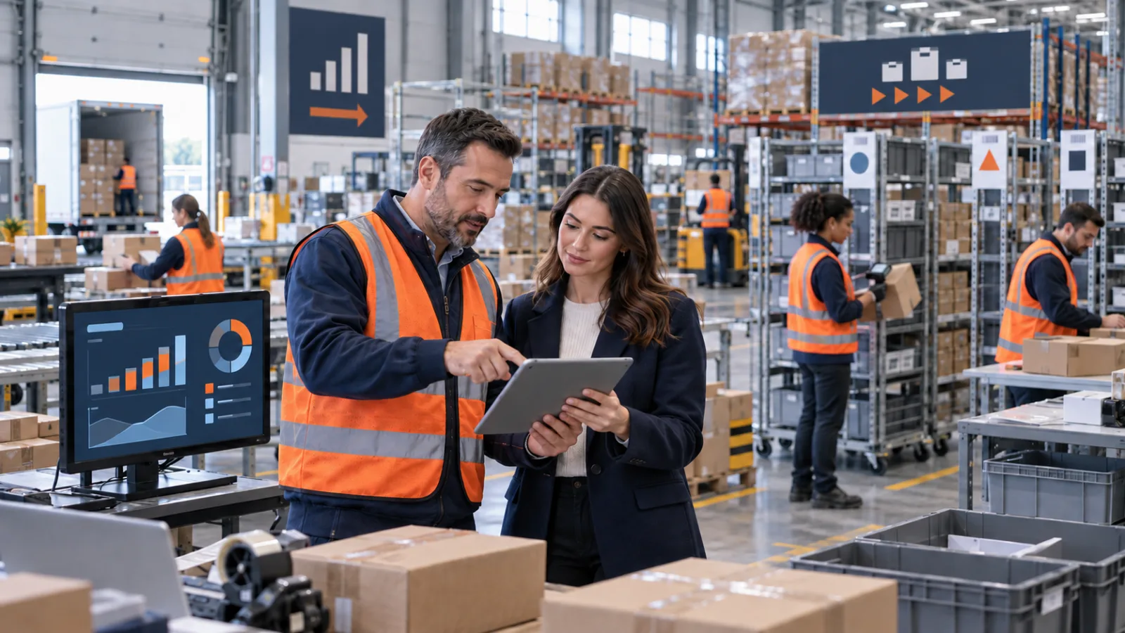 A logistics coordinator and business owner reviewing inventory data on a tablet