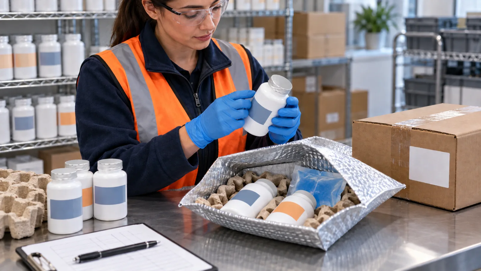A gloved fulfillment worker inspecting a supplement bottle before packing