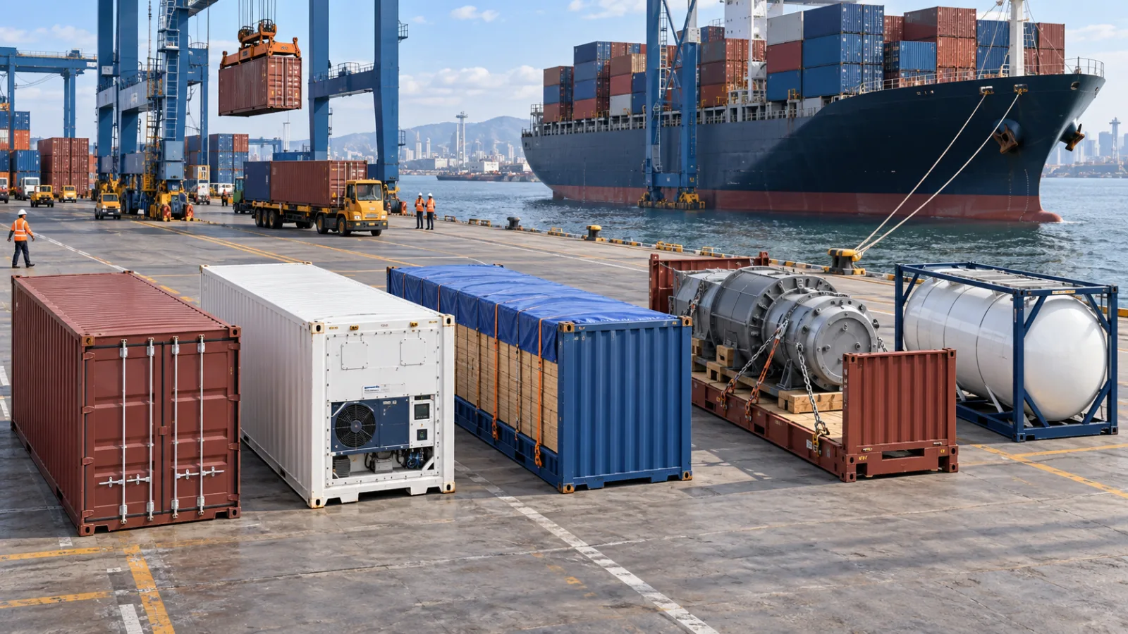Standard, refrigerated, open-top, flat-rack and tank containers beside a cargo ship