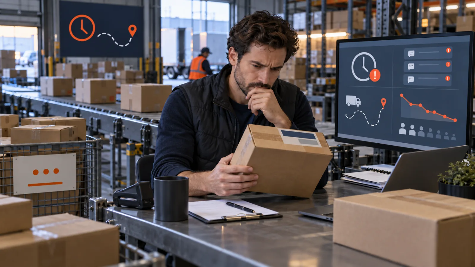 A business owner examining a parcel beside a dashboard showing delivery delays