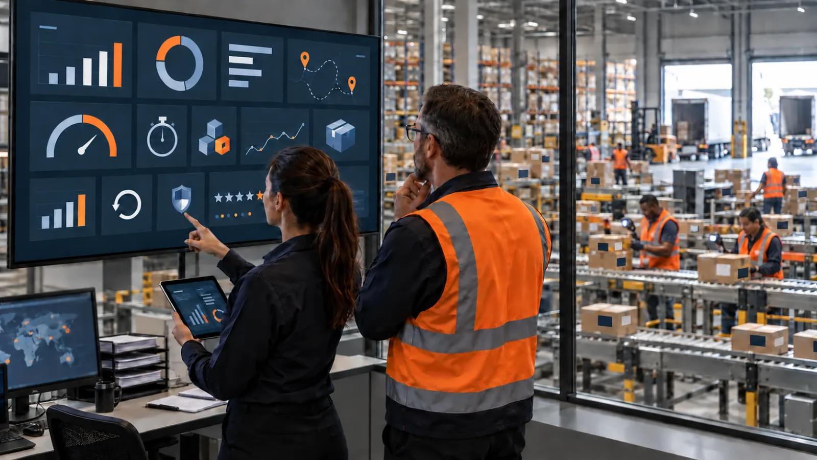 Two logistics professionals reviewing warehouse performance indicators on a large screen