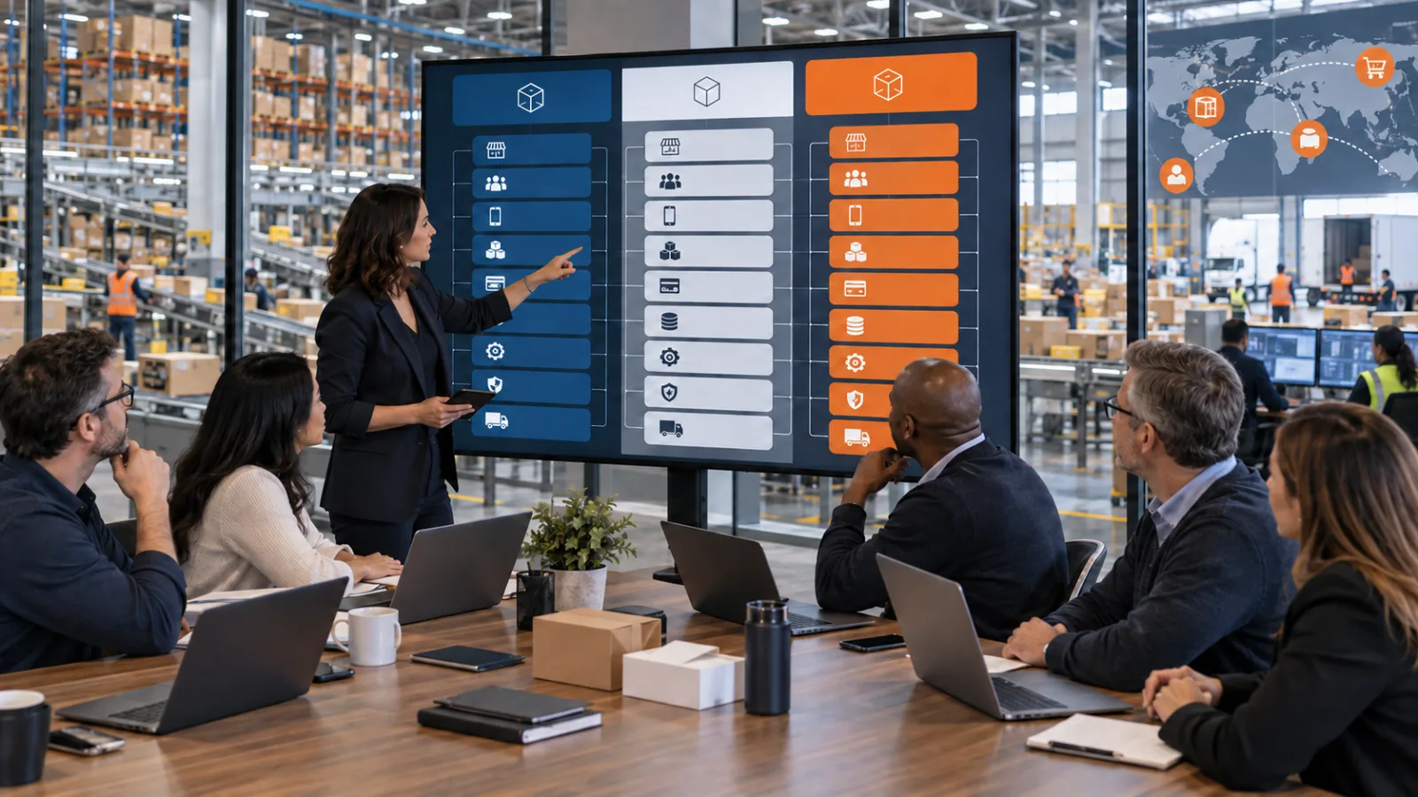 A business team comparing ecommerce systems on a warehouse meeting room display