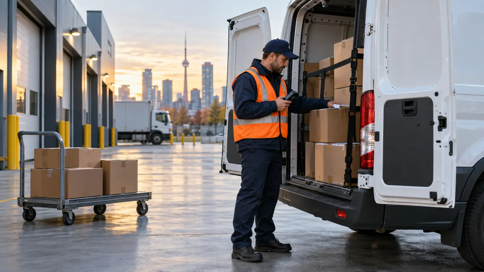 A courier checking secured parcels inside a delivery van