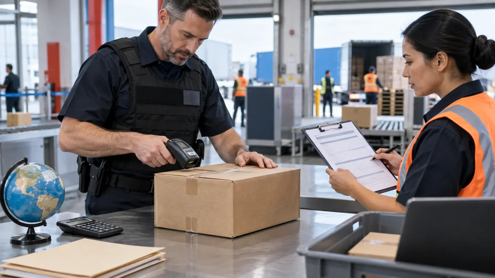 A customs officer scanning a parcel while a shipping coordinator checks paperwork