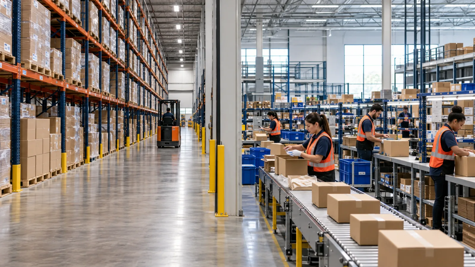 Storage racks beside an active fulfillment line where associates pack customer orders