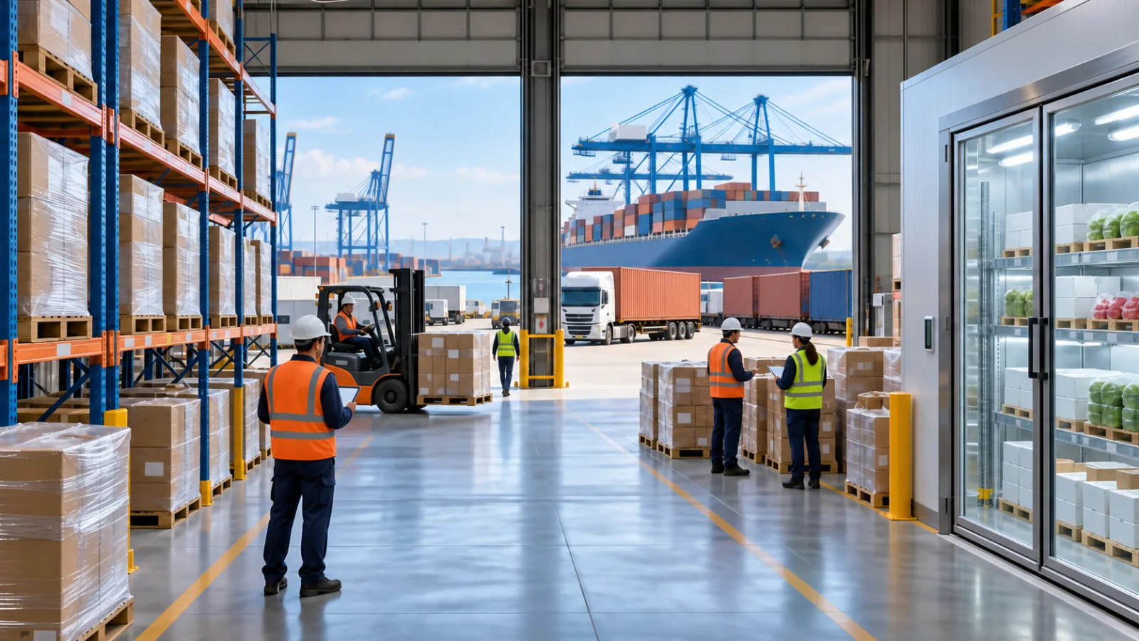 A warehouse team handling imported pallets beside a container port