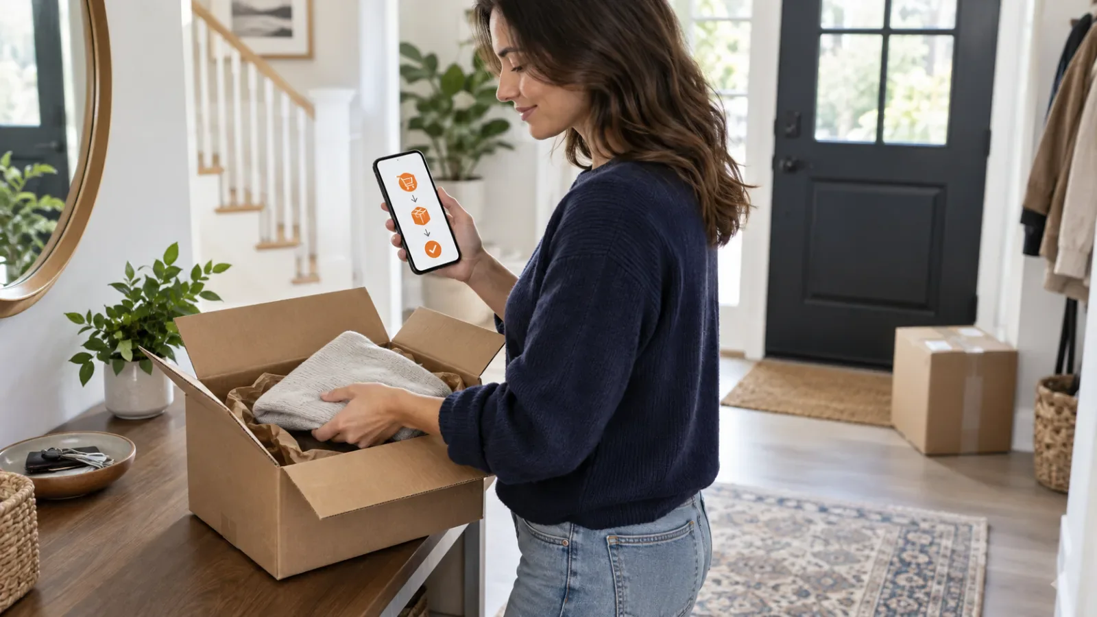 A customer using a phone to arrange a return beside an open parcel