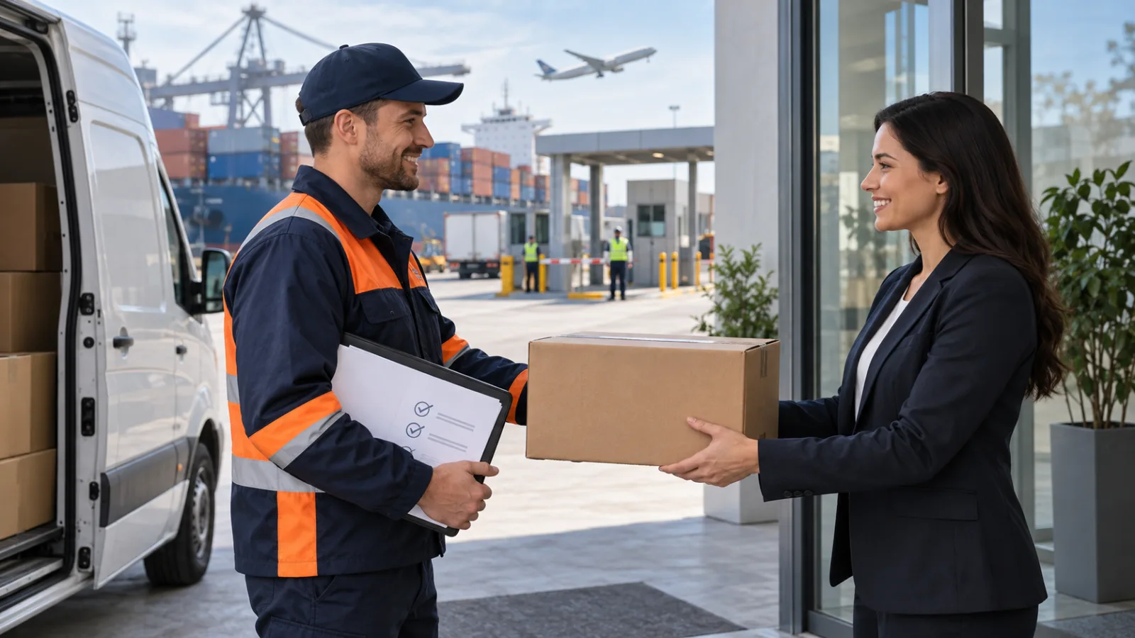 A courier handing a parcel to a business recipient beside international freight facilities