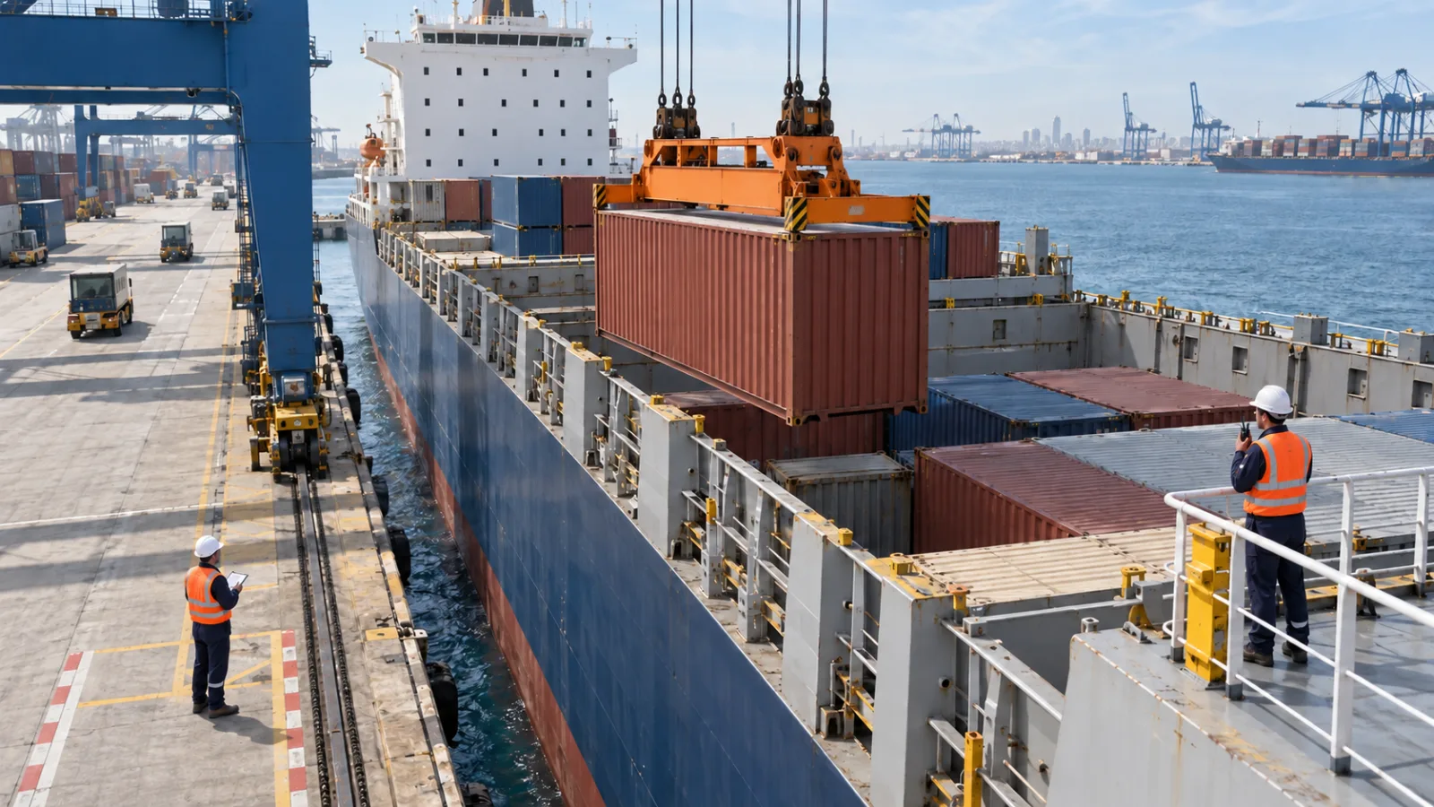 A port crane loading a shipping container onto a cargo vessel