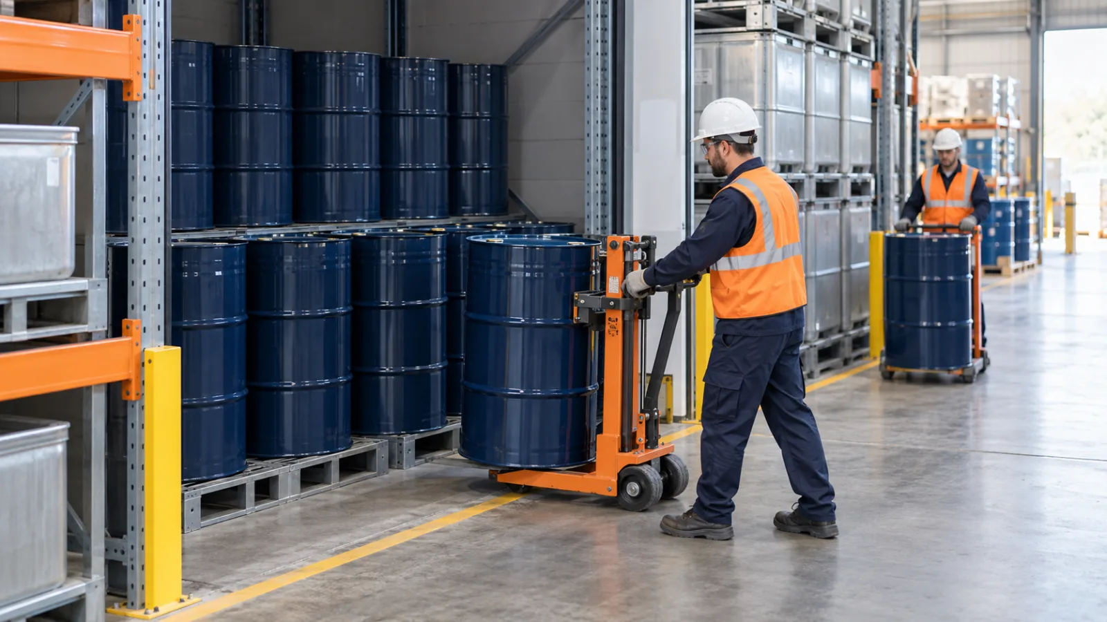 A warehouse associate moving a pallet of drums out of a storage lane