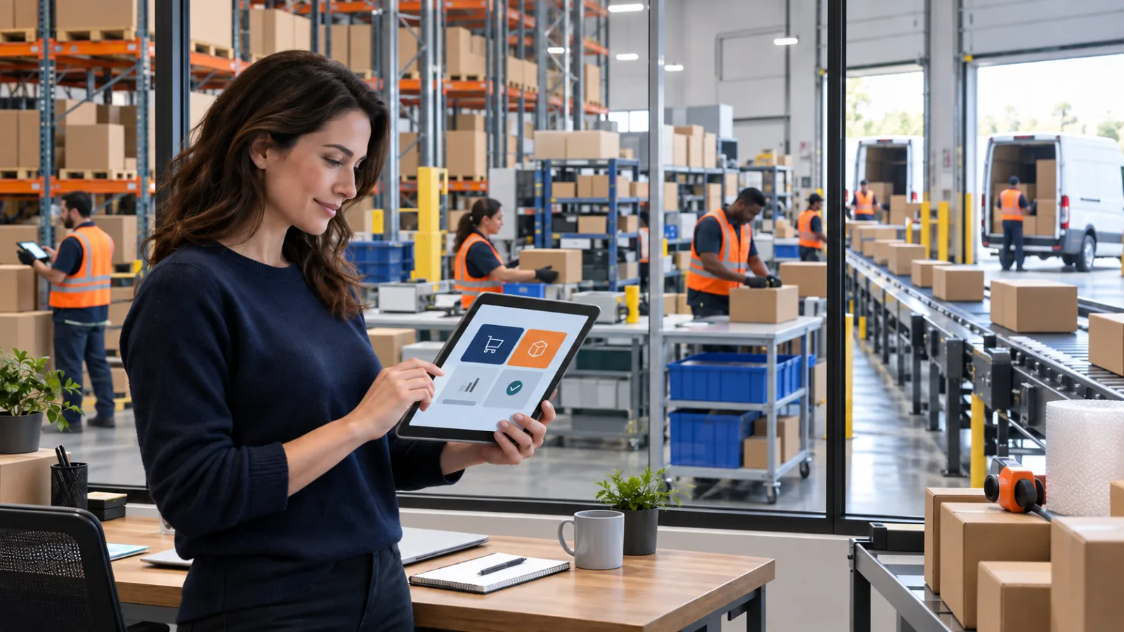 A business owner reviewing a fulfillment dashboard overlooking a warehouse team