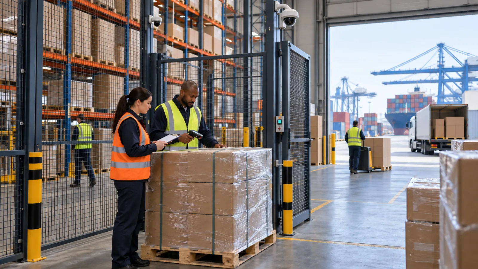 Two warehouse workers checking a pallet at a secured storage area beside a port