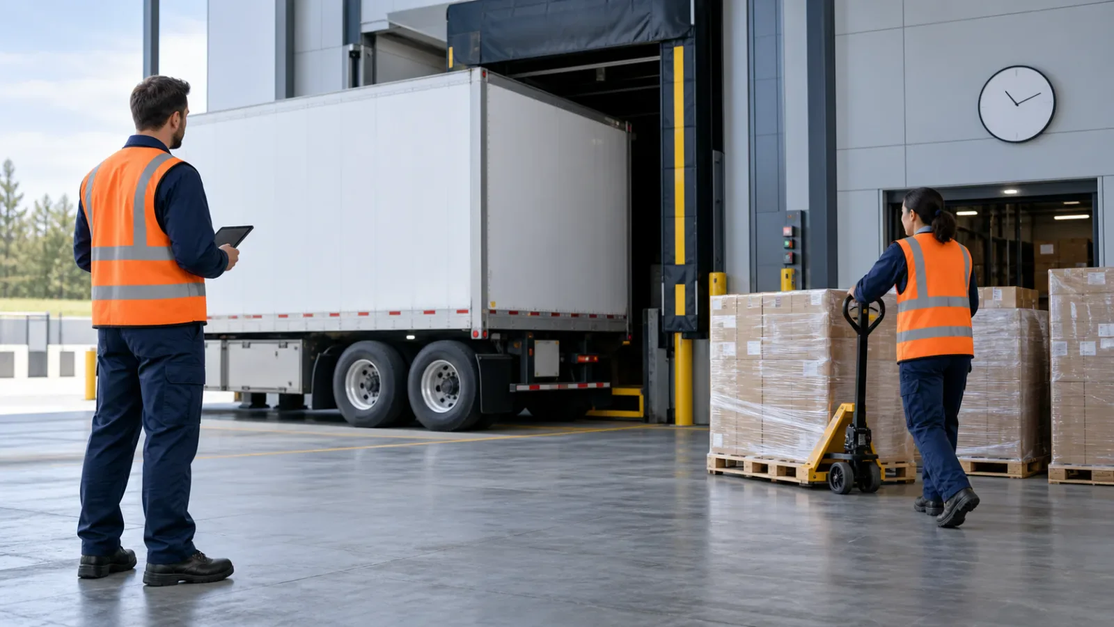 A warehouse coordinator checking a tablet as a truck arrives at its loading dock
