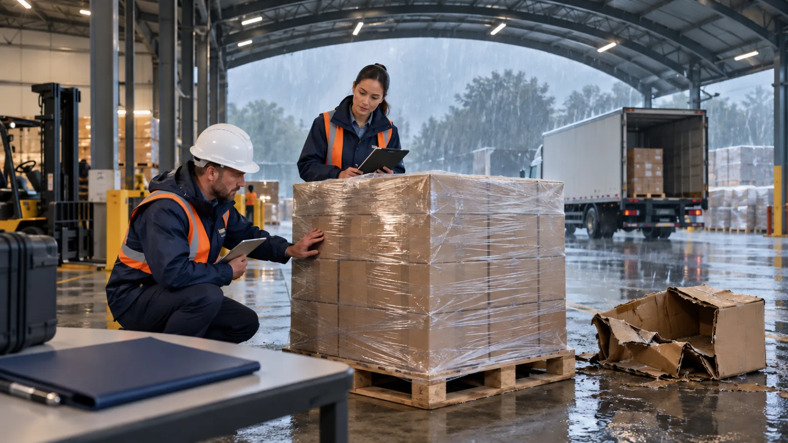 Two warehouse associates documenting pallet freight beside damaged packaging at a wet loading dock