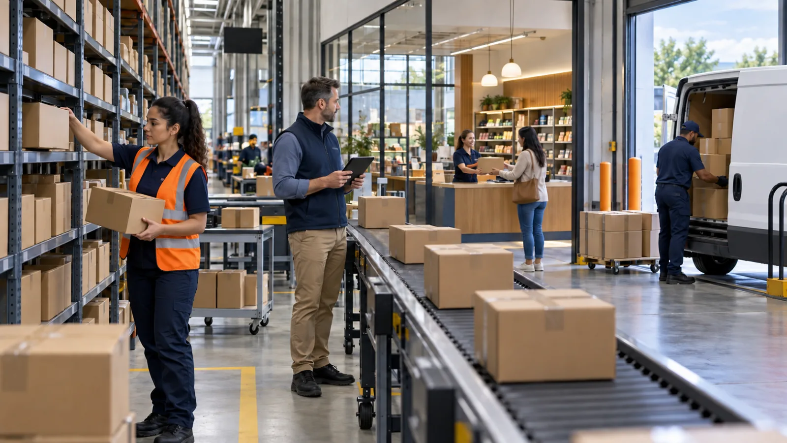 Warehouse associates preparing orders for courier delivery and customer collection
