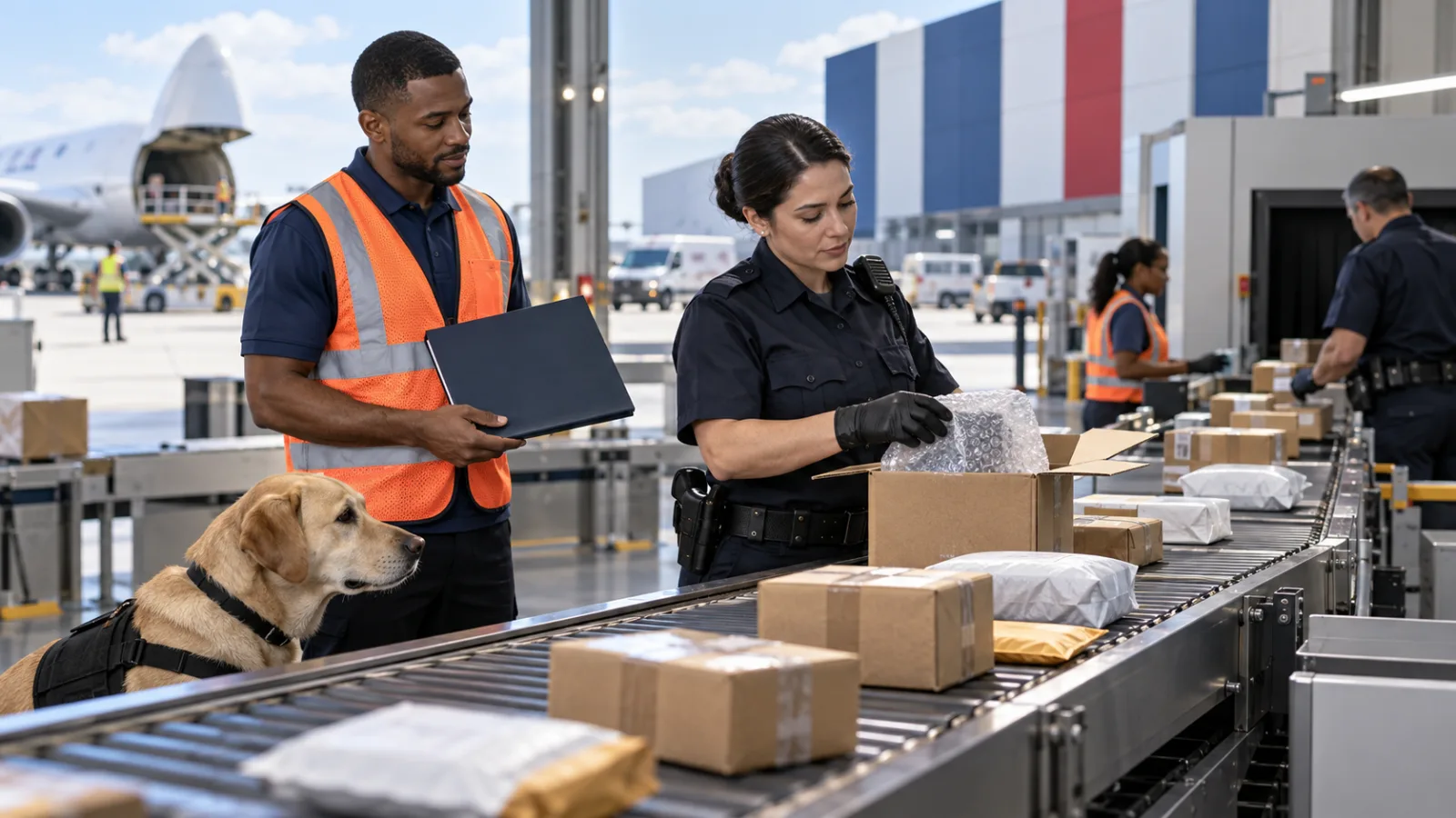 Customs personnel inspecting parcels on a conveyor beside an air freight facility