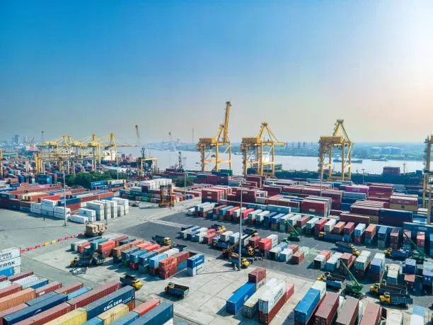 Aerial view of a container terminal with cargo cranes