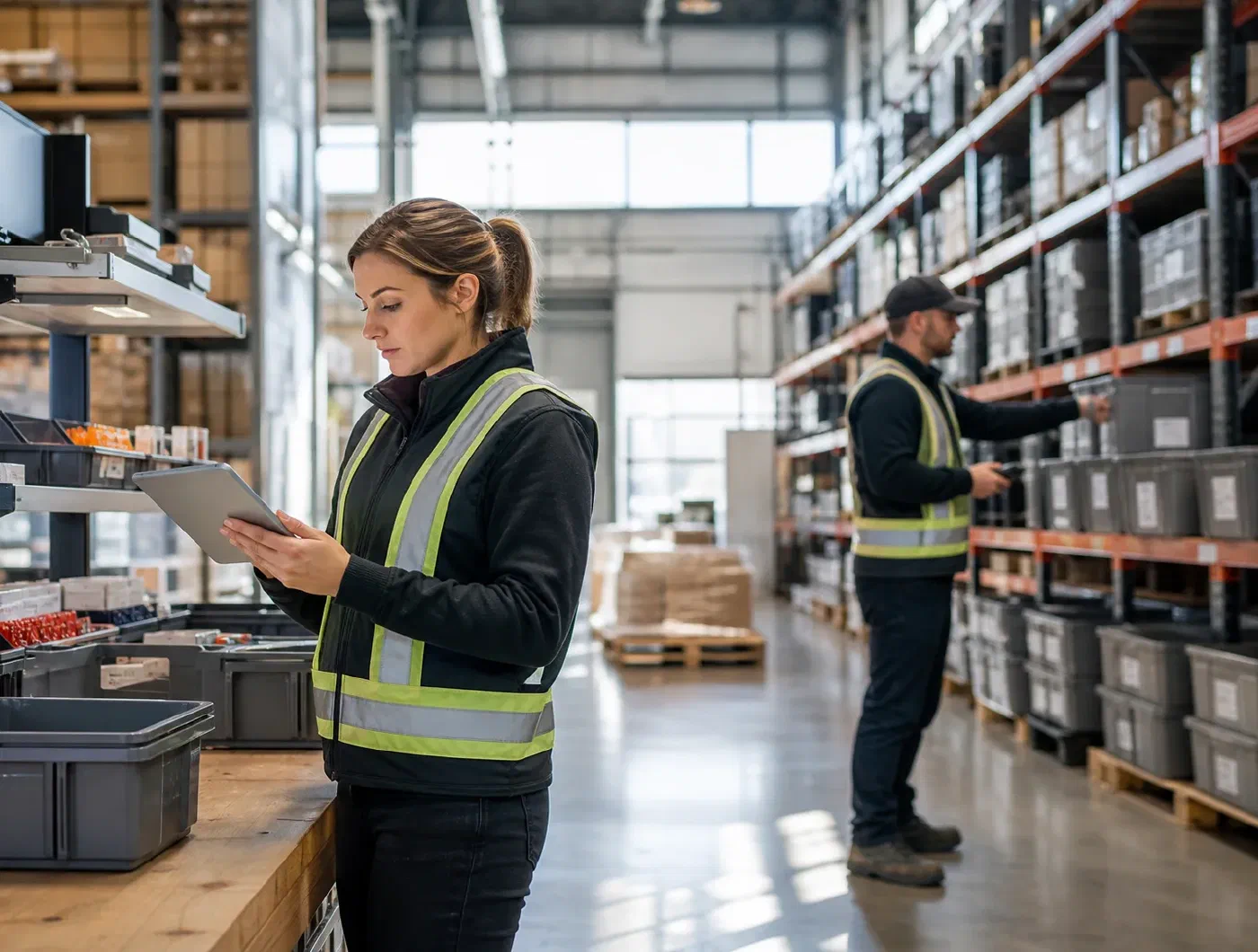 Warehouse professionals managing centralized inventory