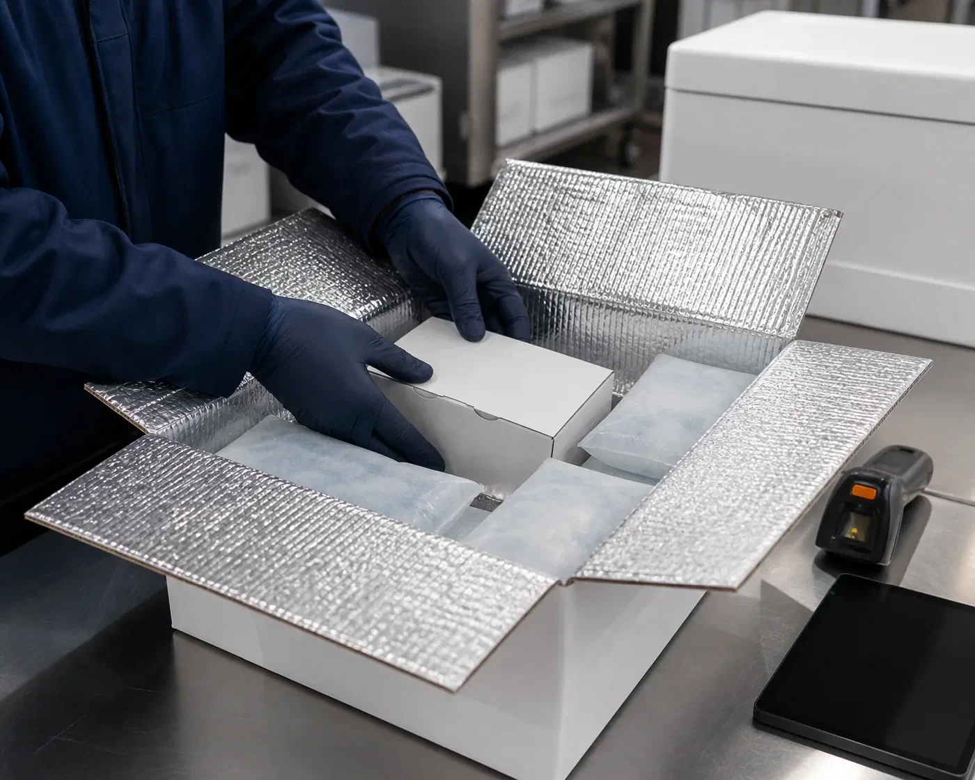 A specialist placing a sealed product carton and conditioned gel packs inside an insulated shipper