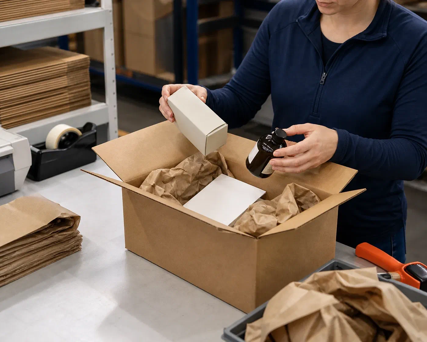 An e-commerce order being packed with right-sized protection at a fulfillment station