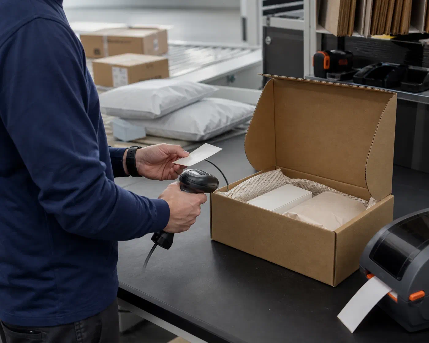 A warehouse specialist verifying a packed carton before shipment